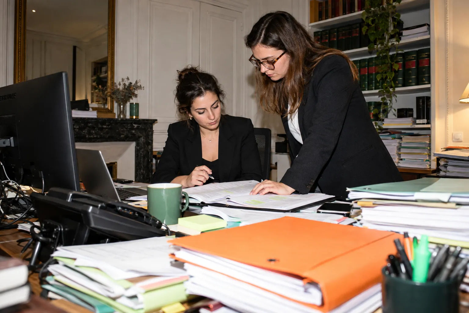 Deux avocates penchées sur un dossier papier, entourées de classeurs et de notes.