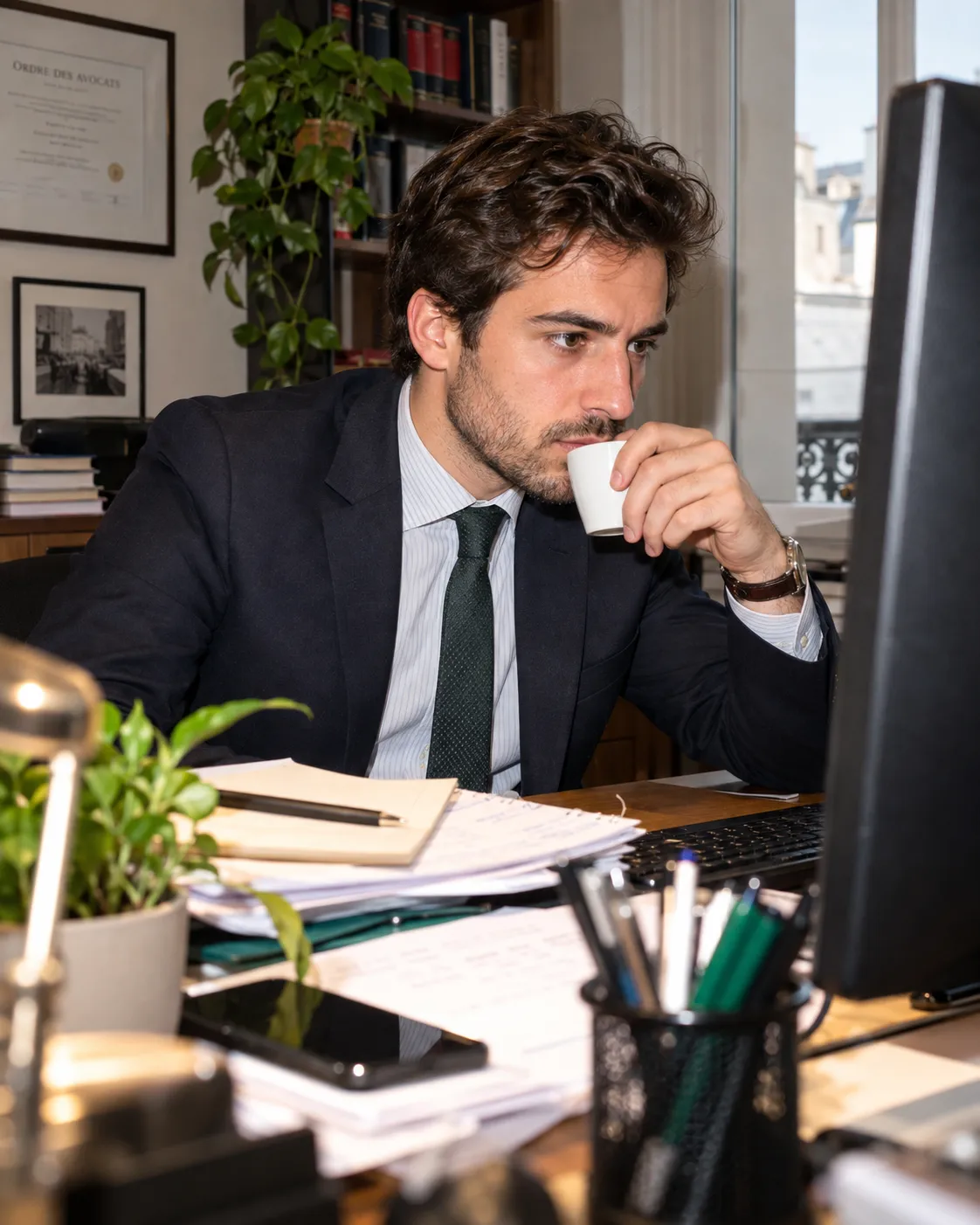 Un avocat boit un café entre deux rendez-vous, à son bureau.